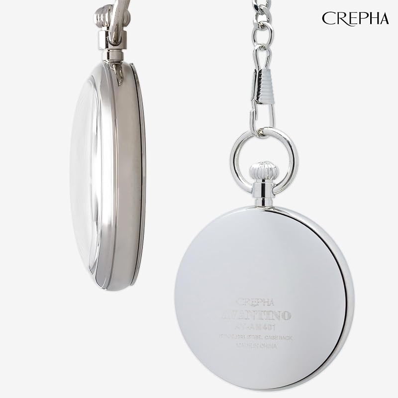 CREPHA Pocket Watch for Men, Japanese Movement, 50mm, Simple Design, Battery Operated, Stainless Steel, Analog, White Dial, Business, Silver