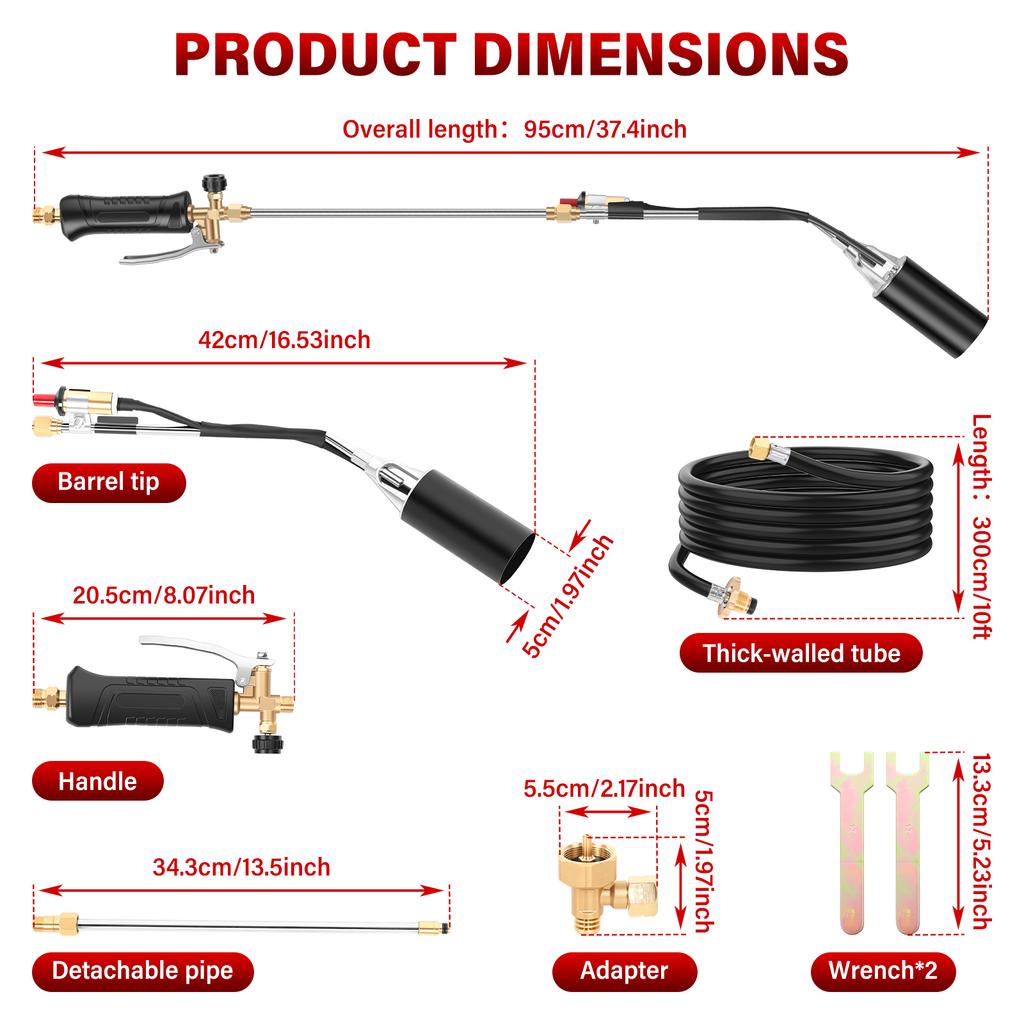 Propane Weed Torch with Self-Ignition 37.4inch Wand 10ft Hose Adjustable Flame for Weeding, Snow Melting, Roofing, Campfires