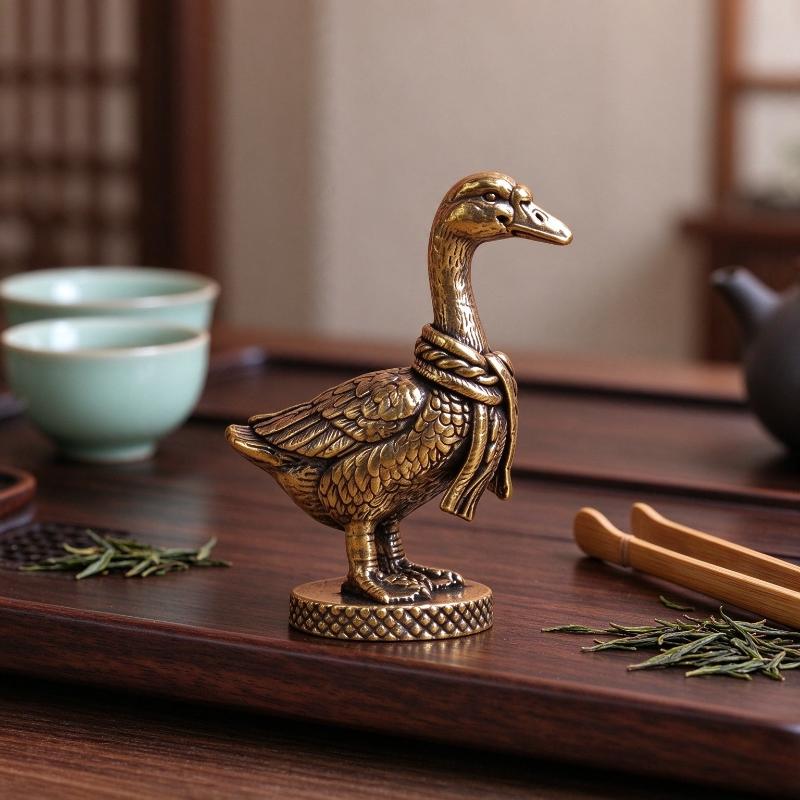 Vintage Brass Goose Figurine Fine Carved Details Scarf Design For Home Decor Ornament Gift