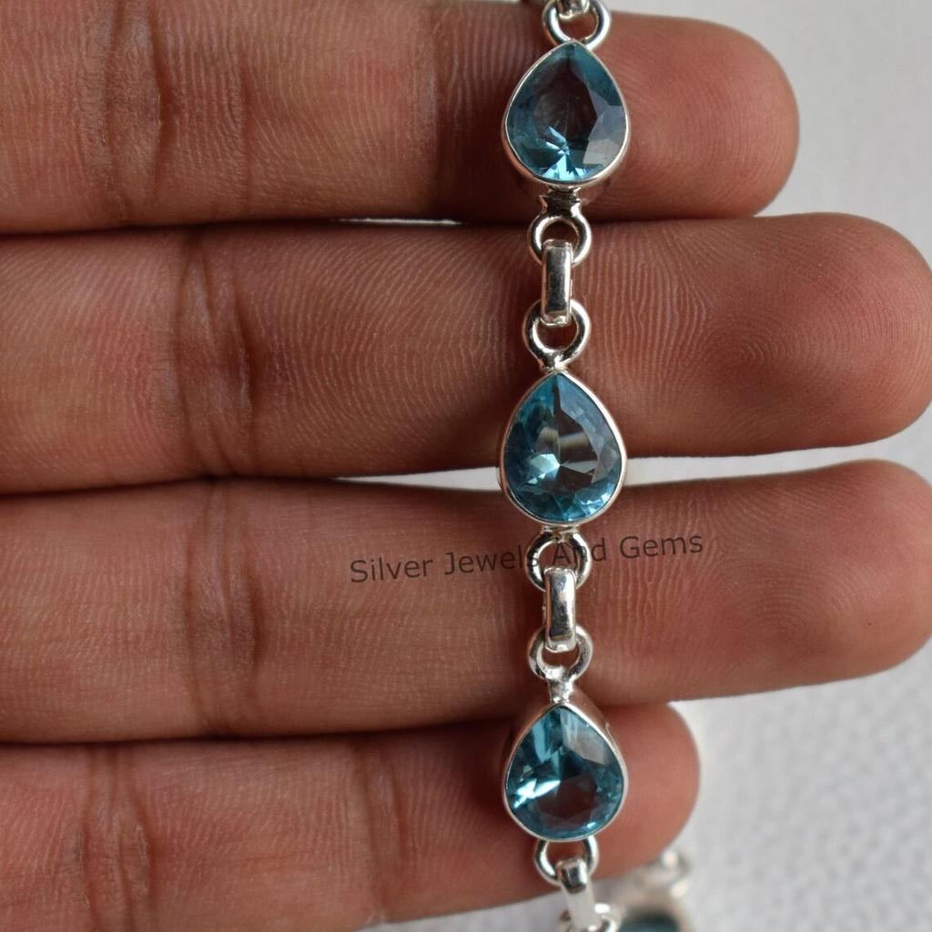 Natural Blue Topaz Bracelet, Handmade Bracelet for Women, 925 Sterling Silver Bracelet, Teardrop Topaz Bracelet, Wedding Bracelet
