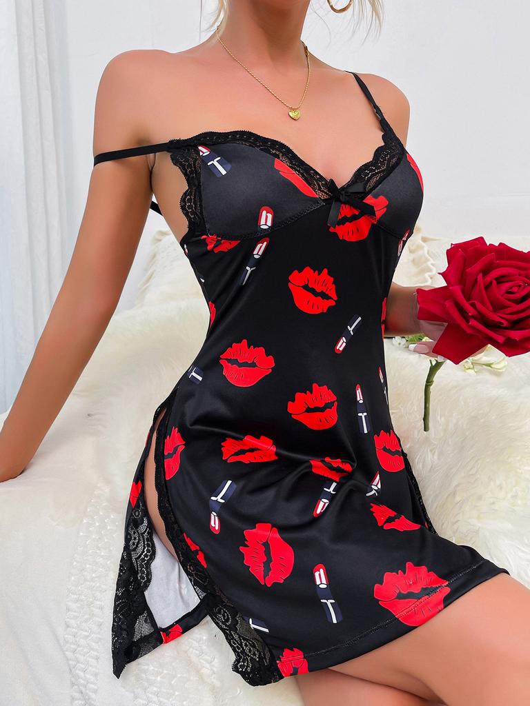 High-end European and American New Sexy Suspender Twisted Edge Short Skirt Lipstick Lips Cartoon Printing Women's Homewear Nightdress
