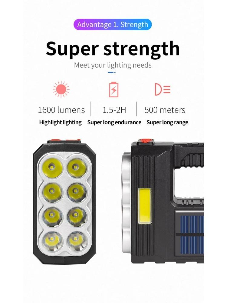 Outdoor Camping Searchlight 8LED Bulbs Solar Charging Handheld Flashlight USB Charge Portable Lamp 4 Bright Lighting Modes