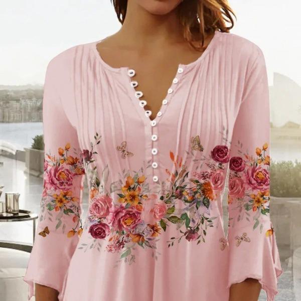 2023 Frühling V-Ausschnitt Bedrucktes Knopf Kurzarm Oberteil