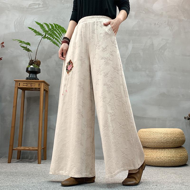 

2025 Этнический стиль Вышитые Эластичная талия Хлопок Лен Широкие брюки-юбка XL for 90-110 catties легкие хаки
