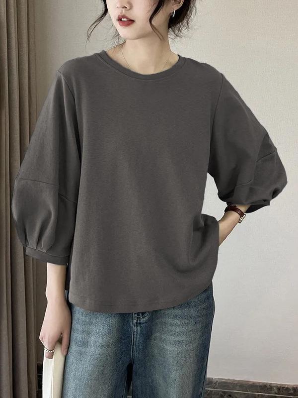 Women's Retro Lantern Sleeve T-Shirt - Hong Kong Style, Casual 3/4 Sleeve Top, Spring/Summer 2026 Collection
