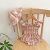Baby Girl Summer Plaid Romper with Cap Short Flutter Sleeves Square Neck