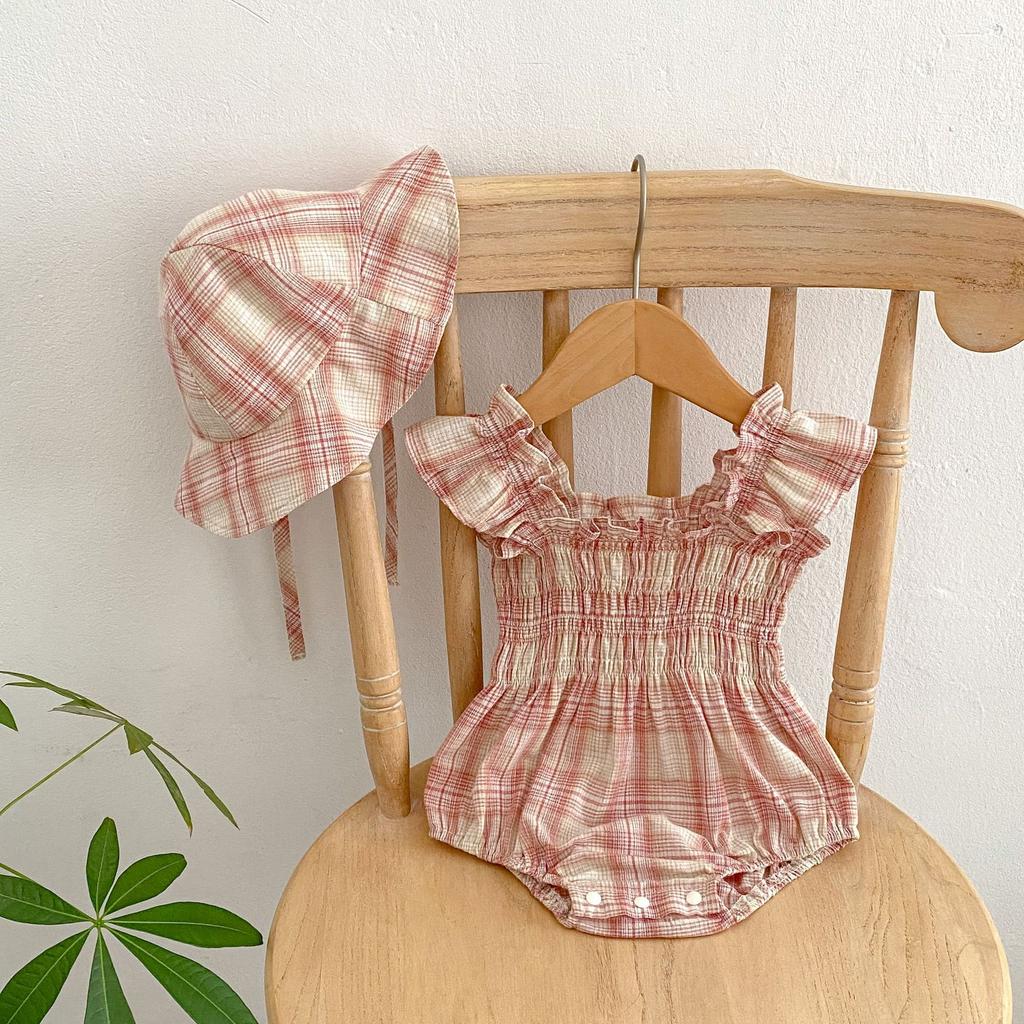Baby Girl Summer Plaid Romper with Cap Short Flutter Sleeves Square Neck