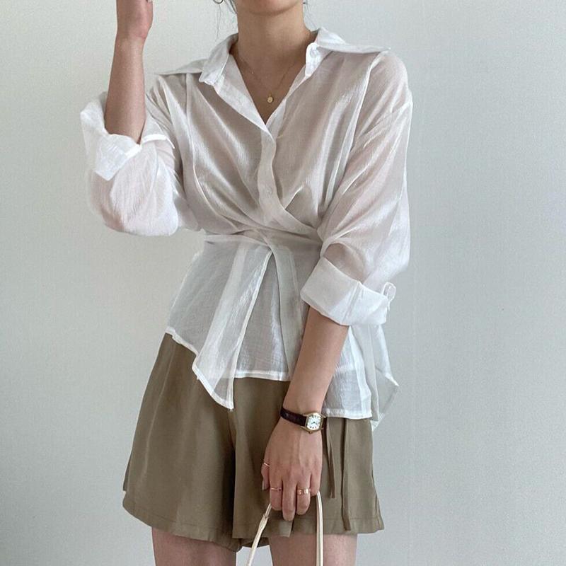 

Chic Design Sense Asymmetrical Button Stand Collar Long Sleeve Shirt Women Spring Autumn Thin Simple Top Ladies Shirt XL білий