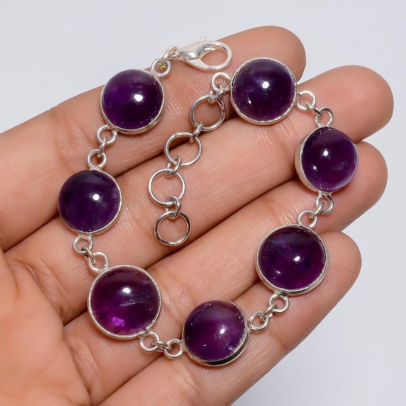 Beautiful Top Grade Qualite 100% Natural Amethyst Round Shape Ethnic Style Handmade Jewelry 925 Steling Silver Plated Bracelet 6-7" WSJ-5200