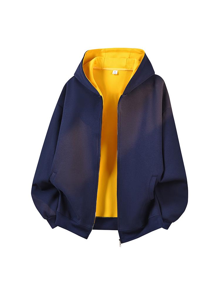 American-Style Heavyweight Casual Hoodie: New Spring Trend, Loose Fit, Color-Blocked Design, Versatile Couple's Cardigan.