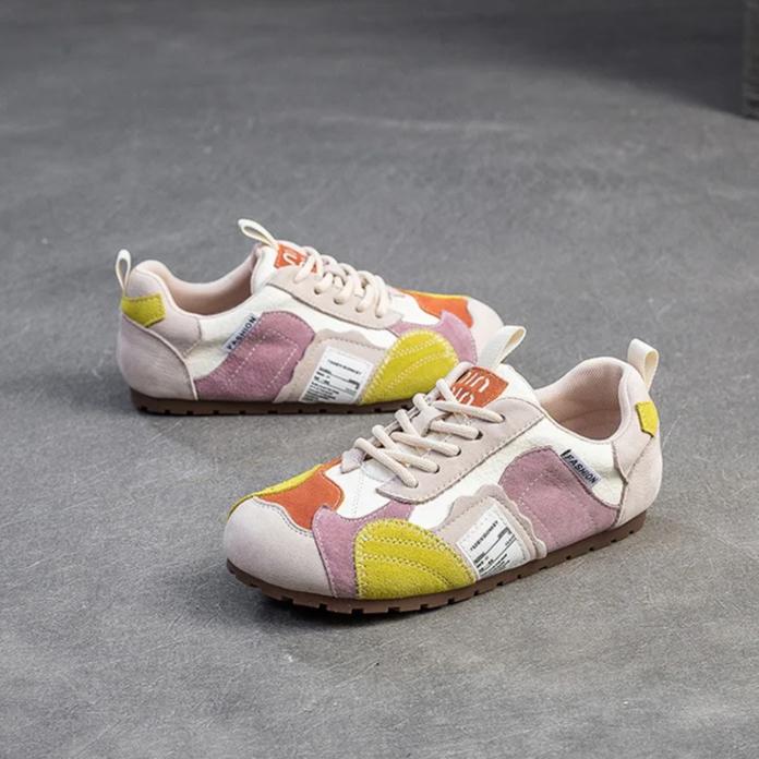 Johnature Color Contrasting Casual Flat Shoes Comfortable Lightweight Soft Soled Retro Women's Shoes