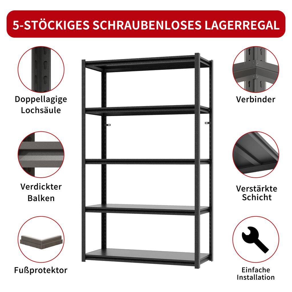 5-Tier Metal Shelf 650kg Load Capacity, Heavy-Duty Shelf Made of Steel, Height-Adjustable for Garage, Storage & Household, H160cm × B80cm × T40cm