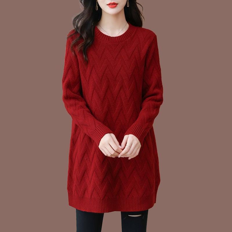 Women's Mid-length Sweater Loose Korean Style Large Size Pullover Outer Wear Pure Color Casual Long-sleeved Knitted Shirt