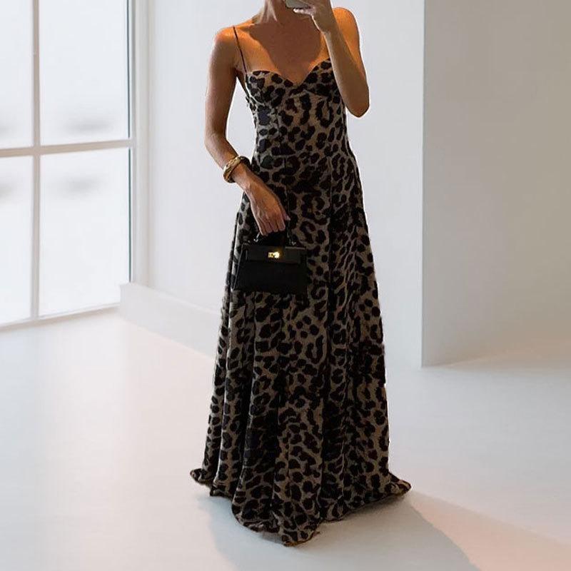 Women Fashion Sexy Leopard Print High Waist Spaghetti Strap Long Dress