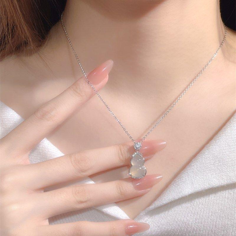 Elegant White Chalcedony Gourd Pendant Necklace - Luxury, Fashionable, Versatile Clavicle Chain Design.