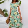 Women's Casual Fashion Round Neck Pleated Short Sleeve Floral Print A-Line Midi Dress