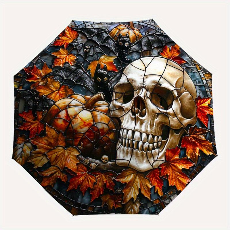 Halloween Skull & Pumpkin Mosaic Wall Art Umbrella, Cute Umbrella with Cute Design, Portable 3-Fold Compact Umbrella for Men & Women, Valentine's Day