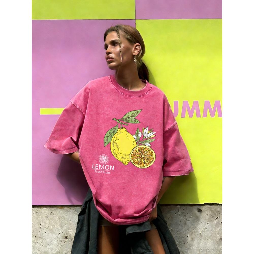 Fresh Fruits Lemon Printing Washed T Shirts Women Cotton T-Shirt Sport Summer Clothing Loose Hip Hop Short Sleeves