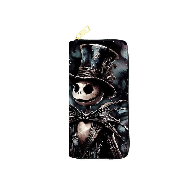 Nightmare Before Christmas PU Long Zipper Wallet for Women Single Zipper Clutch Cosmetic Bag Jack Skellington Print Black 3pcs