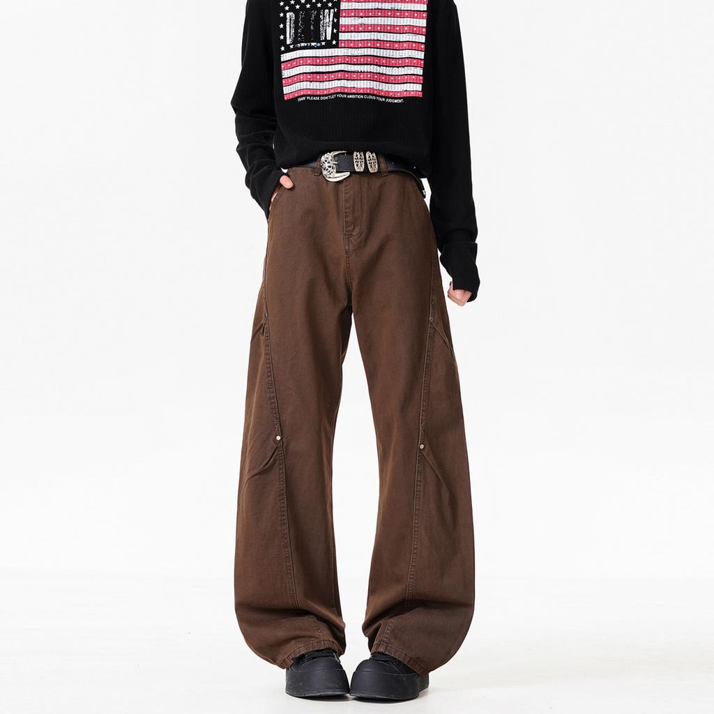 Brown cleanfit wide-leg jeans men's American high street vibe tooling pants slim straight trousers