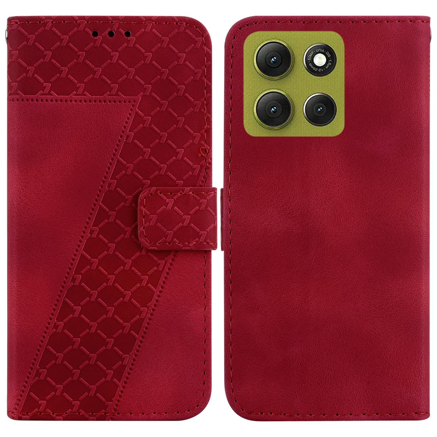 

For Motorola Moto G86 5G Stand Case 7-Shaped Pattern Imprint Leather Phone Cover with Strap Red