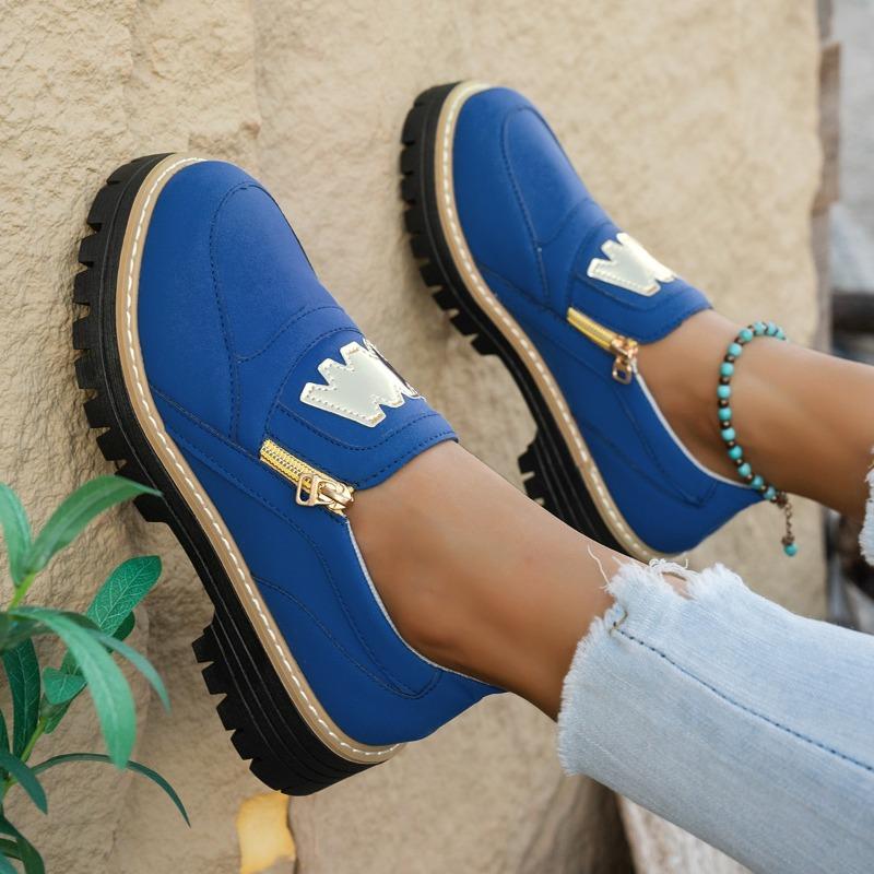New Large-sized Sports Single Shoes with Zipper, Thick Heel and Round Toe Loafers for Women