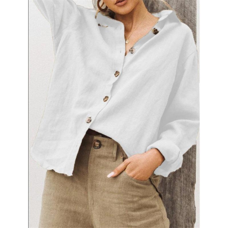 DAFIFY Women's Fashion Casual Spring Autumn Solid Color Print Long Sleeve POLO Neck Blouses & Shirts