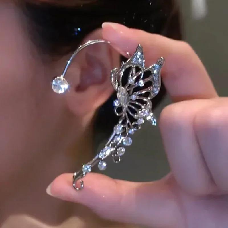 Silver Plated Metal Butterfly Clip Earrings for Women Ear Clips Without Piercing Sparkling Zircon Ear Cuff Fashion Jewelry