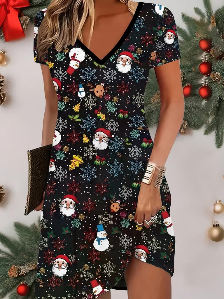 Mode Damen V-Ausschnitt Kurzarm Weihnachten Schneemann Bedrucktes Kleid Sexy Kurzer Rock Kleider