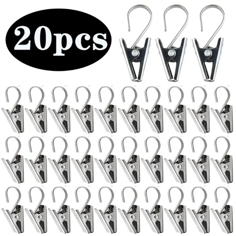 20-PCS Stainless Steel Curtain Hook Clips, Heavy Duty Drapery Hooks for Living Room Bedroom Window Decor (Silver)