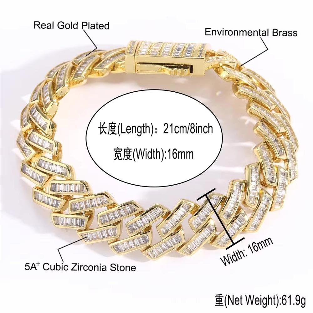 Hip Hop Jewelry 16mm Wide Iced Out Baguette Zircon Rhombus Prong Cuban Link Chain Bracelet for Men