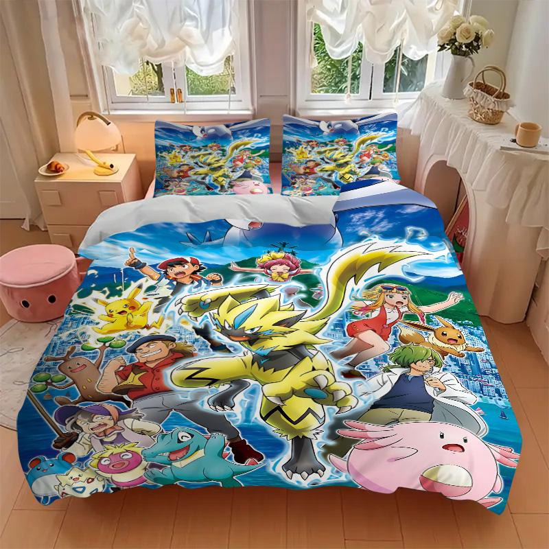 Epic Pokemon Adventure Print 3Pcs Bedding Set,Duvet Cover with 2 Bedro,Pillowcase Home Birthday Gift