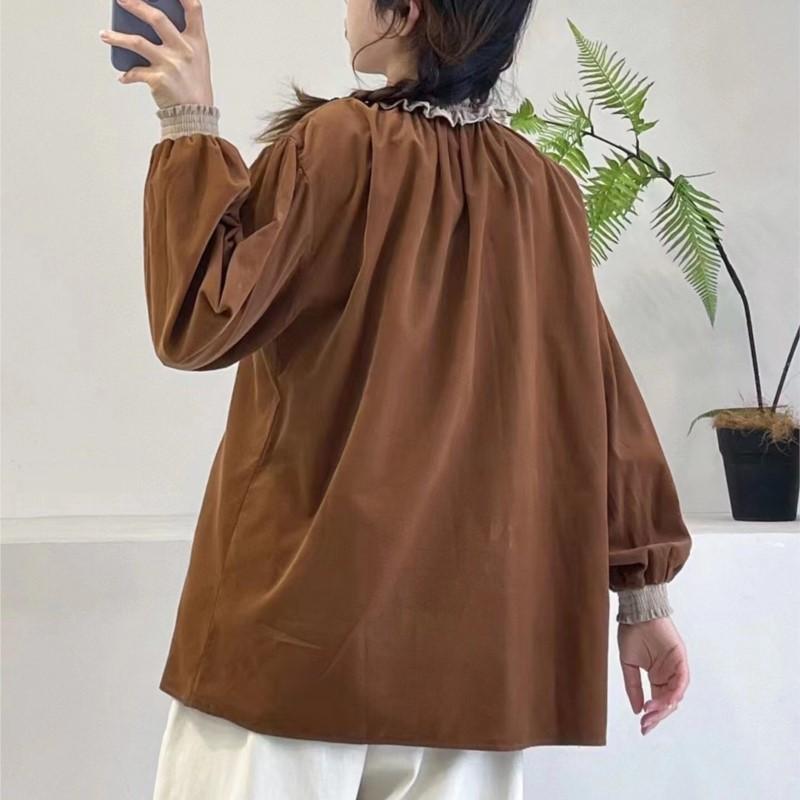 Johnature Toamnă Iarnă Cămașă din velur cu gât rotund cu ciuperci japoneze