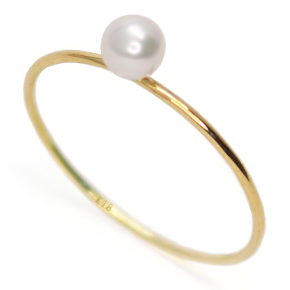 18K Yellow Gold Ring with Akoya Perfect for Treating 18K Includes Made In Japan Pearl, 0.8mm, Ultra-Fine, Yourself, Gold, Pouch, (Size 4)