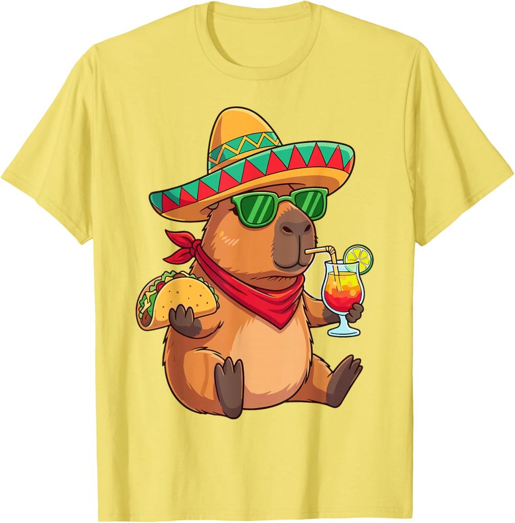 Capybara Sombrero Taco Drink Summer Fiesta Graphic Tee Shirt Casual Breathable Men