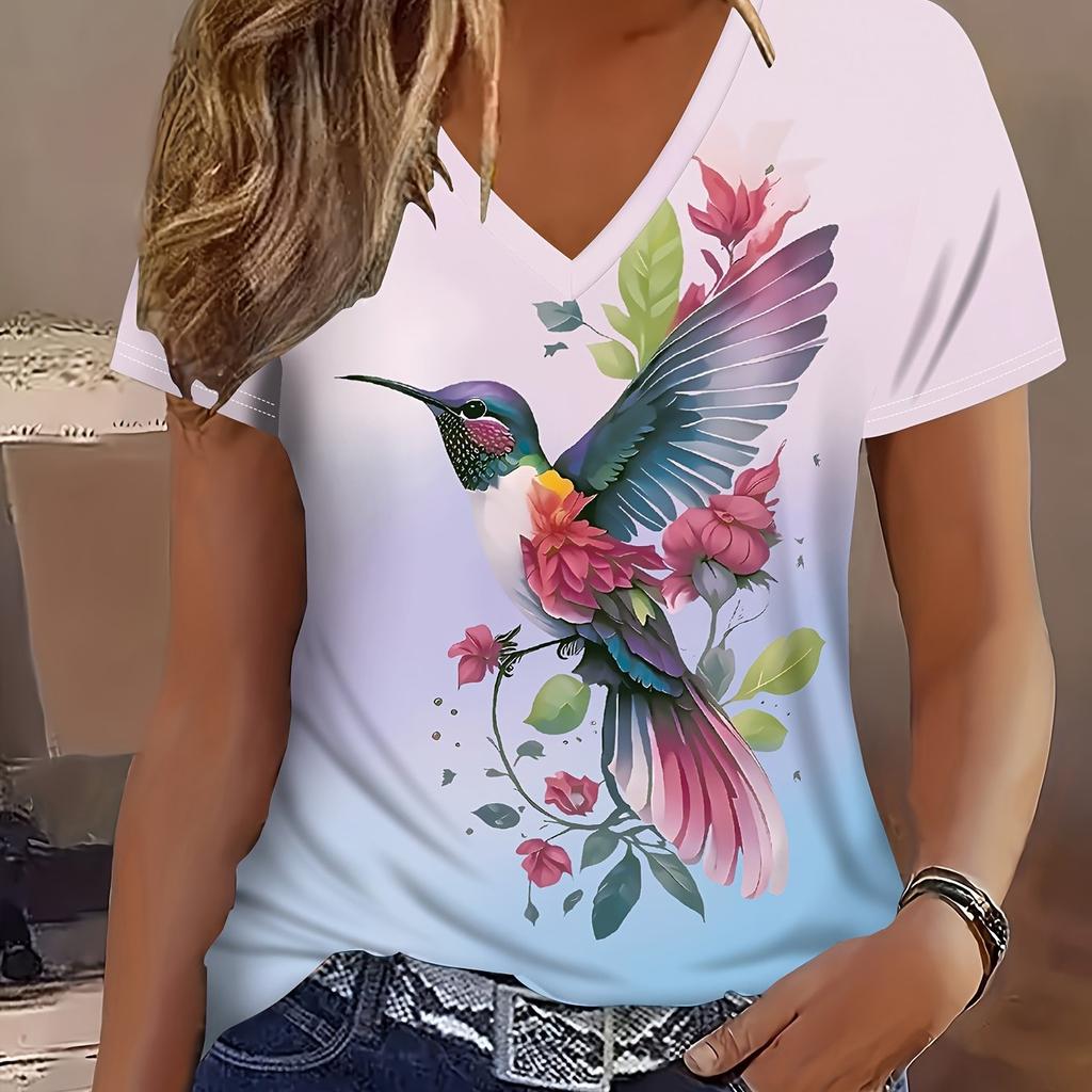 Women's Parrot Floral Gradient Print V-Neck Summer Top