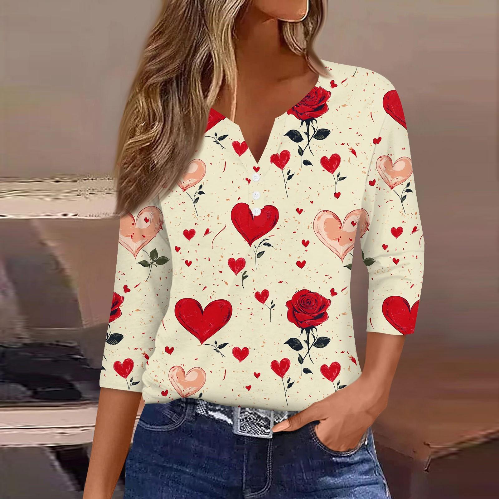 

Женский повседневный универсальный топ с V-образным вырезом и рукавом три четверти на пуговицах с принтом ко Дню святого Валентина L бежевый