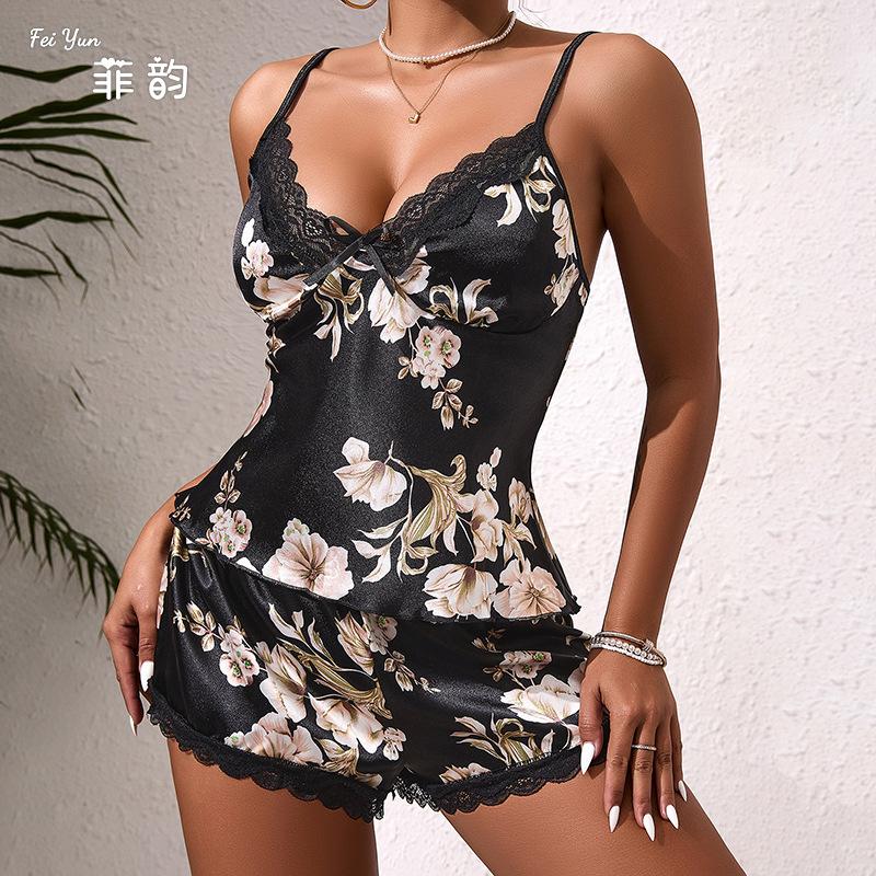 New ice silk printing breathable thin shorts women's homewear imitation silk suspender top sexy pajamas 188