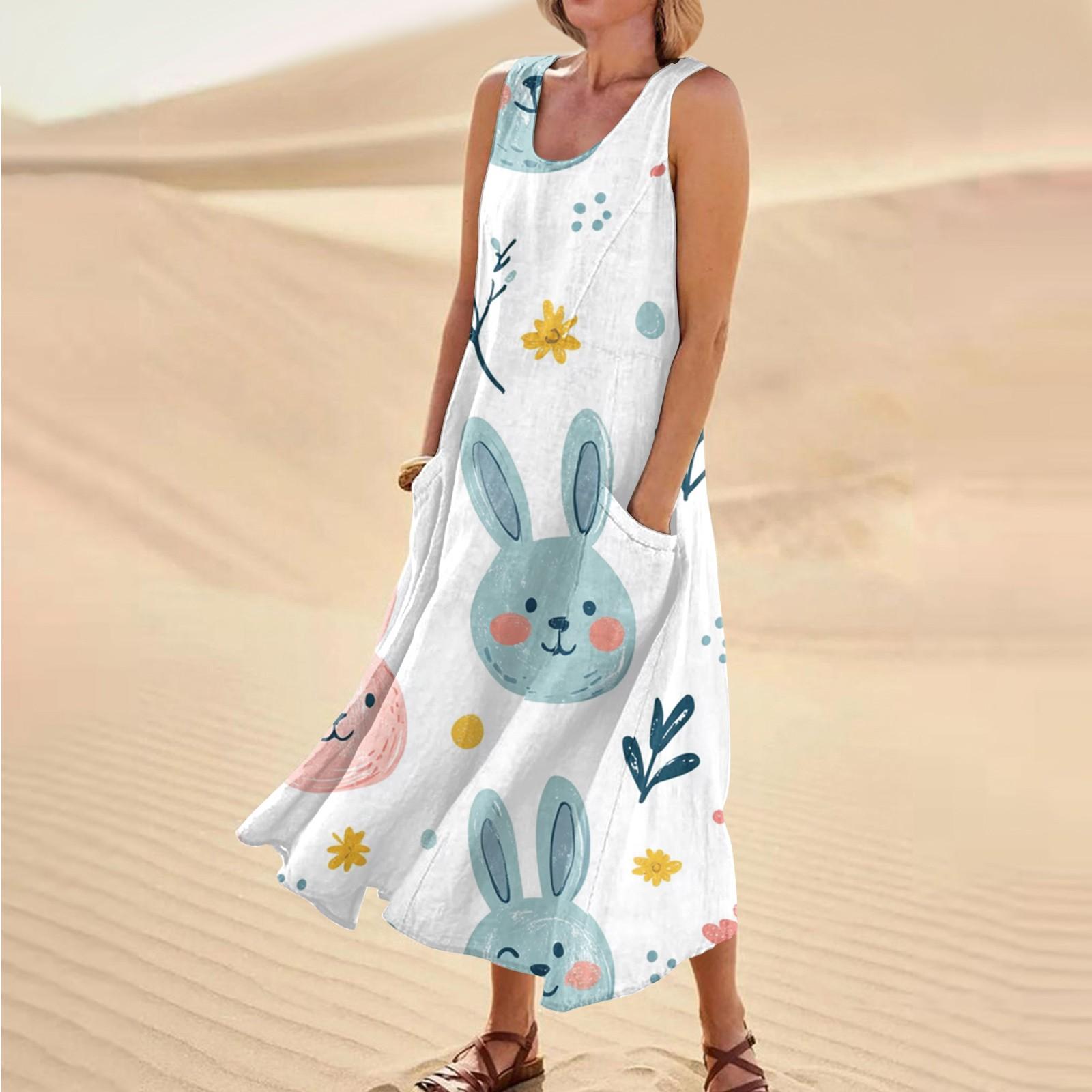 

Женское летнее повседневное модное пасхальное платье без рукавов с круглым вырезом и карманом L