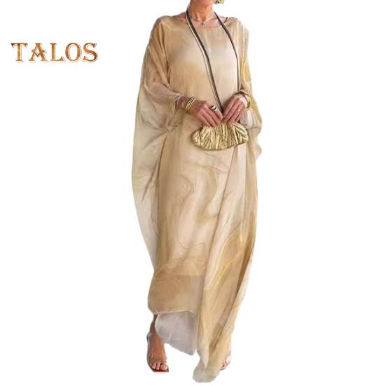 Rochie maxi pentru femei, fluidă, cu gât rotund, mâneci liliac neregulate, cu texturi de marmură, imprimate supradimensionate, până la gleznă, ocazională.