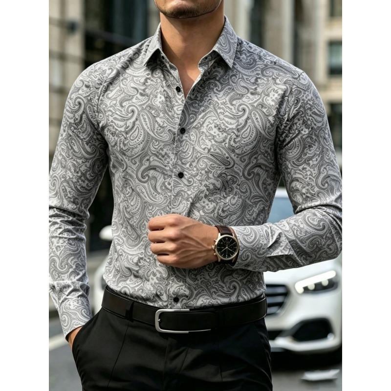 Men's Long Sleeved Cashew Flower Printed Shirt Slim Fit Lapel Shirt Retro Paisley Pattern Business Casual Top