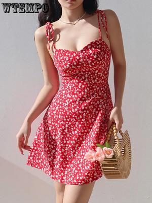 Frauen Spaghetti rückenfreies Sling Kleid weibliche einfarbig Schüttelrock schlanke Taille Floral Minikleid