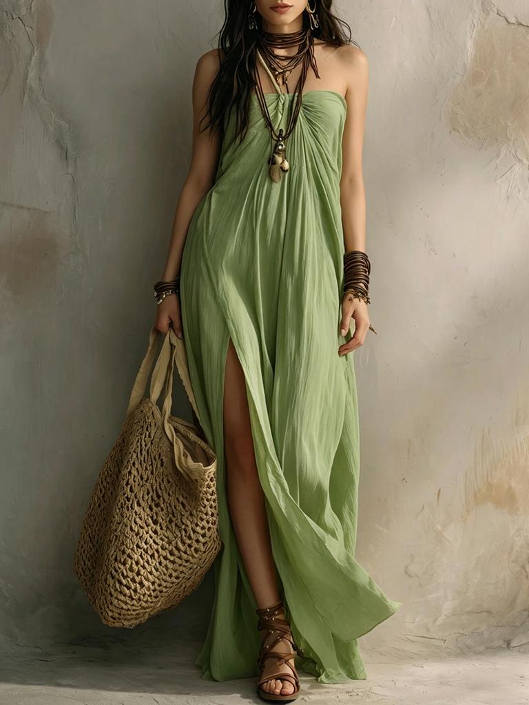 Vestido Maxi Boho Feminino Tomara-que-caia Tubinho Fenda Solto Casual Férias Longo de Praia