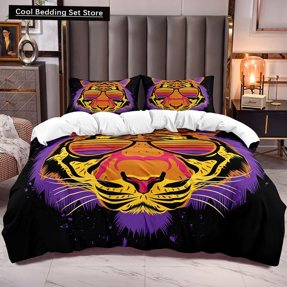 Cartoon Tiger Duvet Cover King Queen Animal Forest Theme Bedding Set for Kids Boys Girls Jungle Wildlife Polyester Quilt Cover