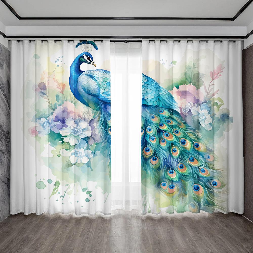 2PC Home Decoration Curtains, Peacock Background With Rod Pocket Curtains, Kitchen, Coffee Shop, Living Room, Balcony, Garden