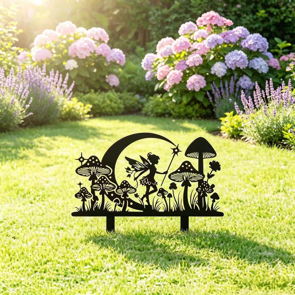 Iron Art Angel and Mushroom Garden Lawn Ornaments - Hollow Silhouette Yard Decorations
