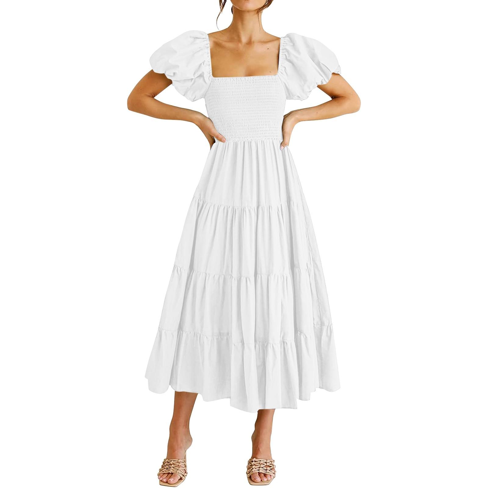 

Женская мода сплошной цвет с квадратным вырезом и открытой спиной с пузырьковыми рукавами плиссированные платья с короткими рукавами L белый