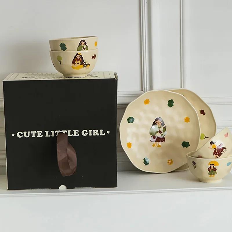 Ceramic Dinner Plate Bowl Cup with Lid Household Cute Girl Tableware Rice Bowl Cartoon Breakfast Plate Coffee Mug Birthday Gift