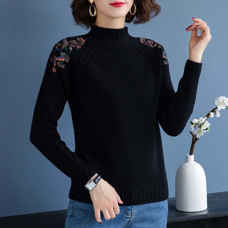 Women's Half High Neck Sweater Autumn and Winter Loose Embroidered Pullover Knitted Sweater
