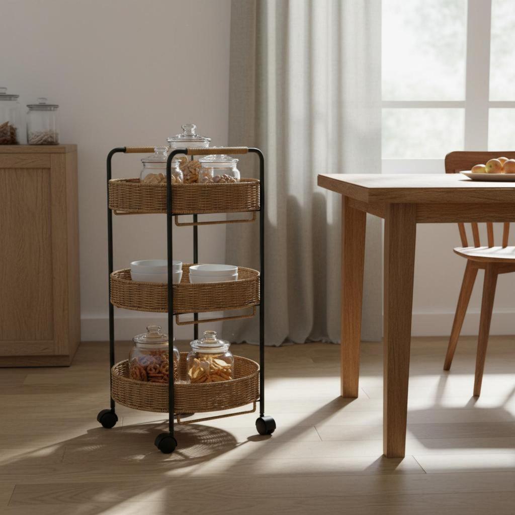 Rattan Rolling Cart Handwoven Design Detachable for Dining Area